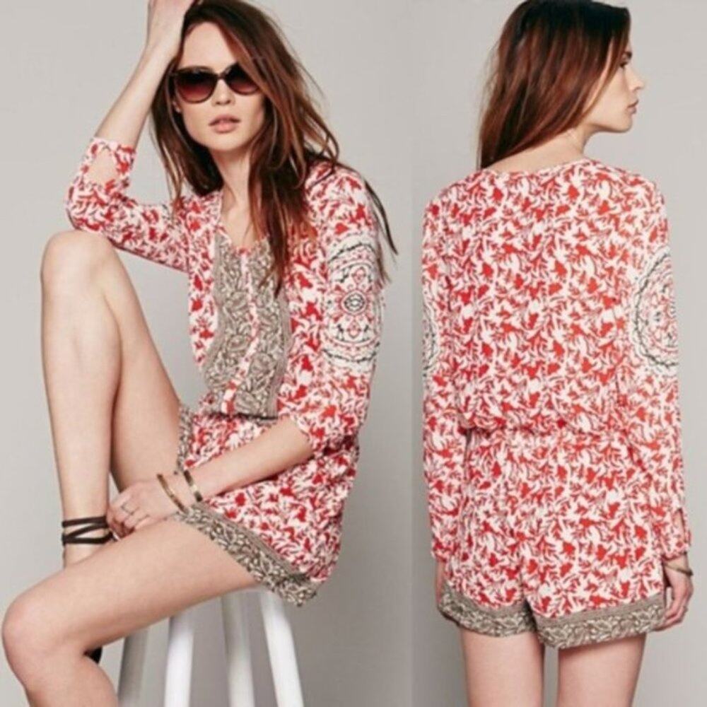 Free People Gardenia Floral Resort Romper Red Tie Waist Long Sleeve Size Medium